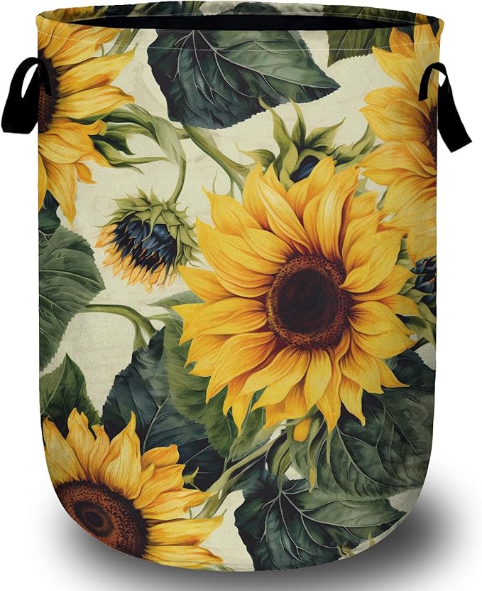 Retro Sunflower Laundry Basket, Floral Laundry Hamper Collapsible Oxford Cloth