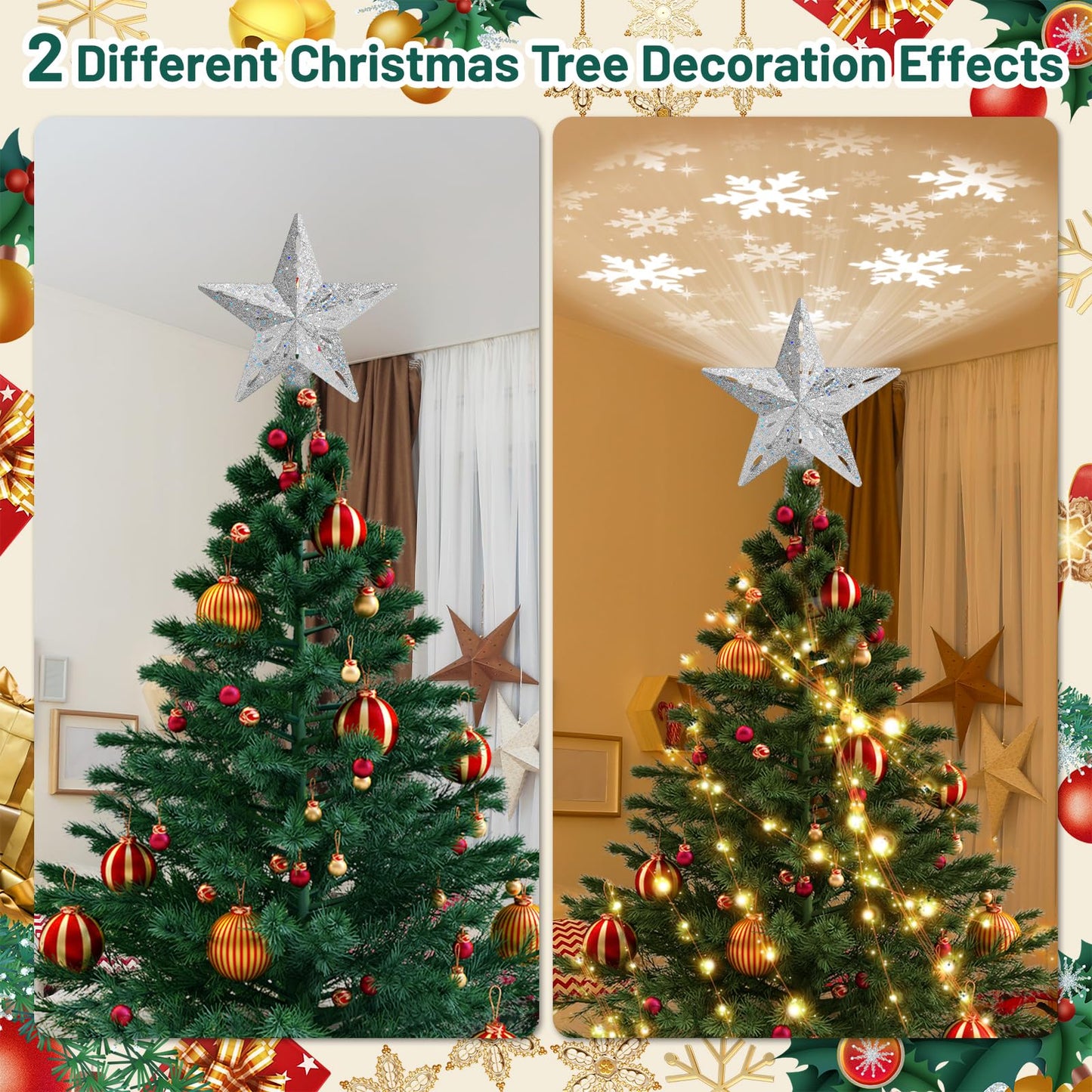 Christmas Tree Topper Lighted with 6 Projection Modes,Christmas Star Tree Topper Built-in LED Rotating Projector Lights 3D Sparkling Christmas Tree Decorations for Xmas Party Holiday Decor(Silver)