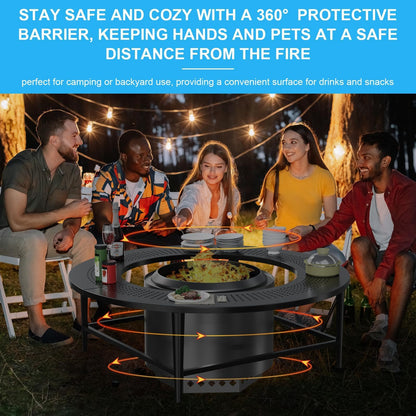 LS'BABQ 40" Fire Pit Surround Tabletop with Waterproof Cover for Solo Stove Bonfire & Ranger, Round Outdoor Fire Pit Table for Most Wood-Burning Stoves Under 22" Dia for Camping, Powder-Coated Steel