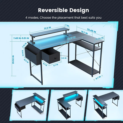 DOMICON Gaming Desk, 47 inch L Shaped Gaming Desk, Computer Desk with LED Lights & Adjustable Stand, Power Outlets, Storage Drawer, Reversible with Shelves, Hook, Black Carbon Fiber