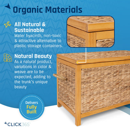 ClickDecor Wilson Wicker Storage Trunk with Lid, 30 Inch Handwoven Water Hyacinth Storage Chest with Acacia Wood Frame, Farmhouse Blanket Basket for Living Room, Bedroom or Entryway, Natural Brown