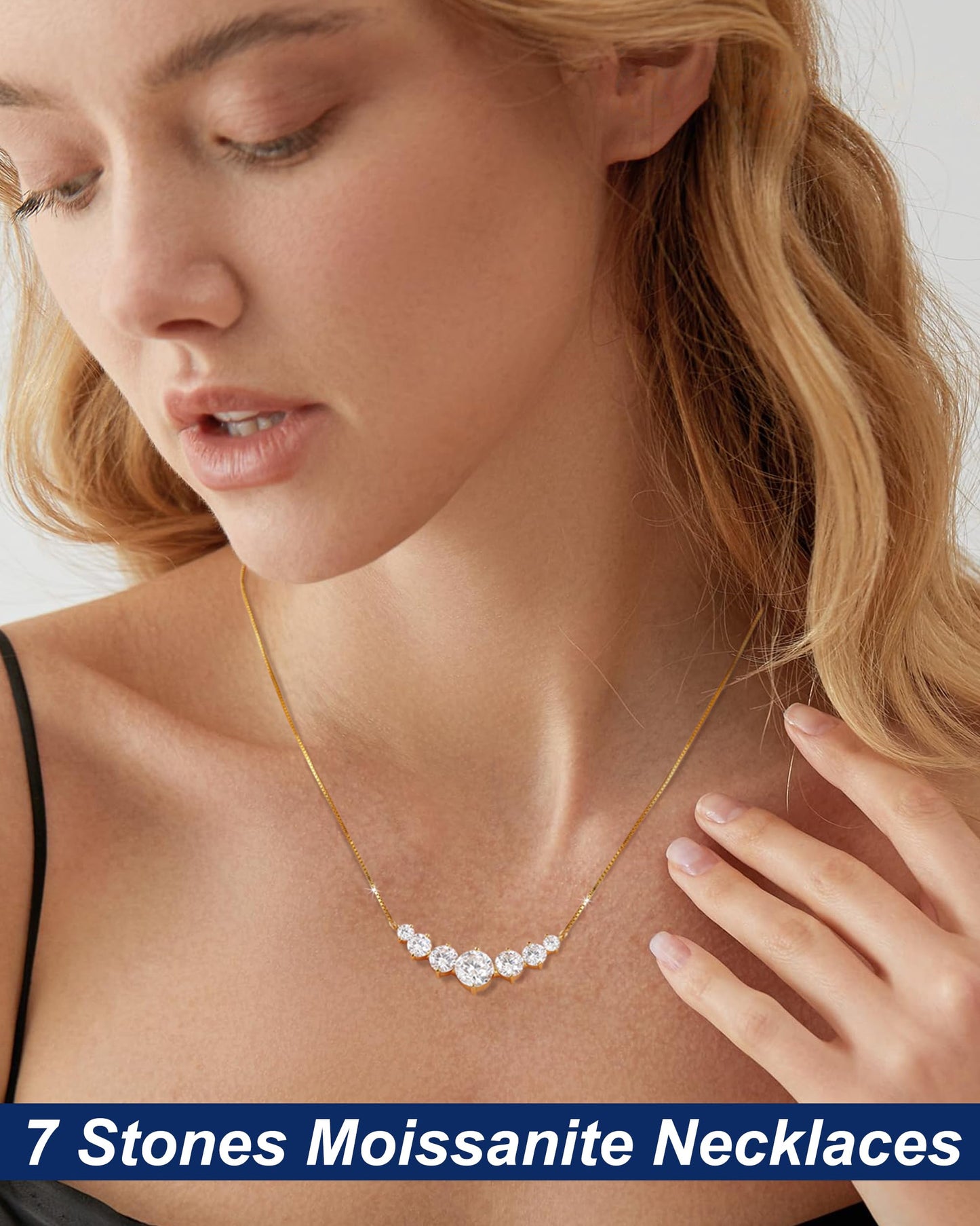7 Stones Moissanite Pendant for Women, 2.8 Carat Moissanite Necklace 18k Yellow Gold Plated Sterling Silver Smile Pendant Necklaces 16.5+2.5inch Adjustable Box Chain Fashion Jewelry Gifts for Mom Wife