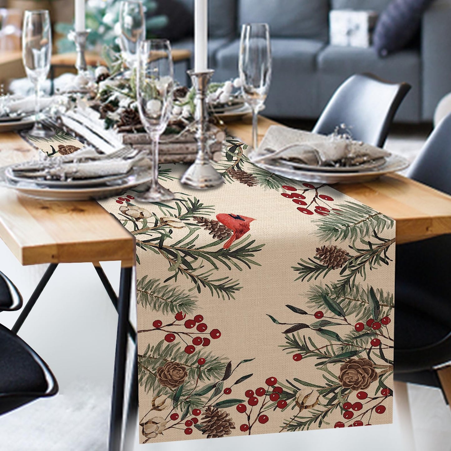 Seliem Winter Pine Needle Branches Table Runner, Pine Cone Cardinal Red Birds Berry Farmhouse Kitchen Dining Table Decor, Christmas Holiday Home Decoration Indoor Outdoor Party Supply 13 x 72 Inches