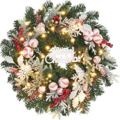 Red White Christmas Candy Wreath with Lights,30 LED with Timer, Lighted Winter Holiday Door,Fireplace Mantel and Stairs Decor,Entryway Decoration,prelit Christmas Wreath for Front Door -22inch