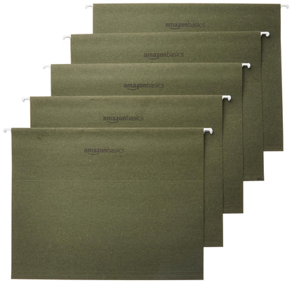 Amazon Basics Hanging Organizer File Folders for Efficient Filing, Sturdy, Adjustable Tabs, Letter Size, Pack of 25, Green