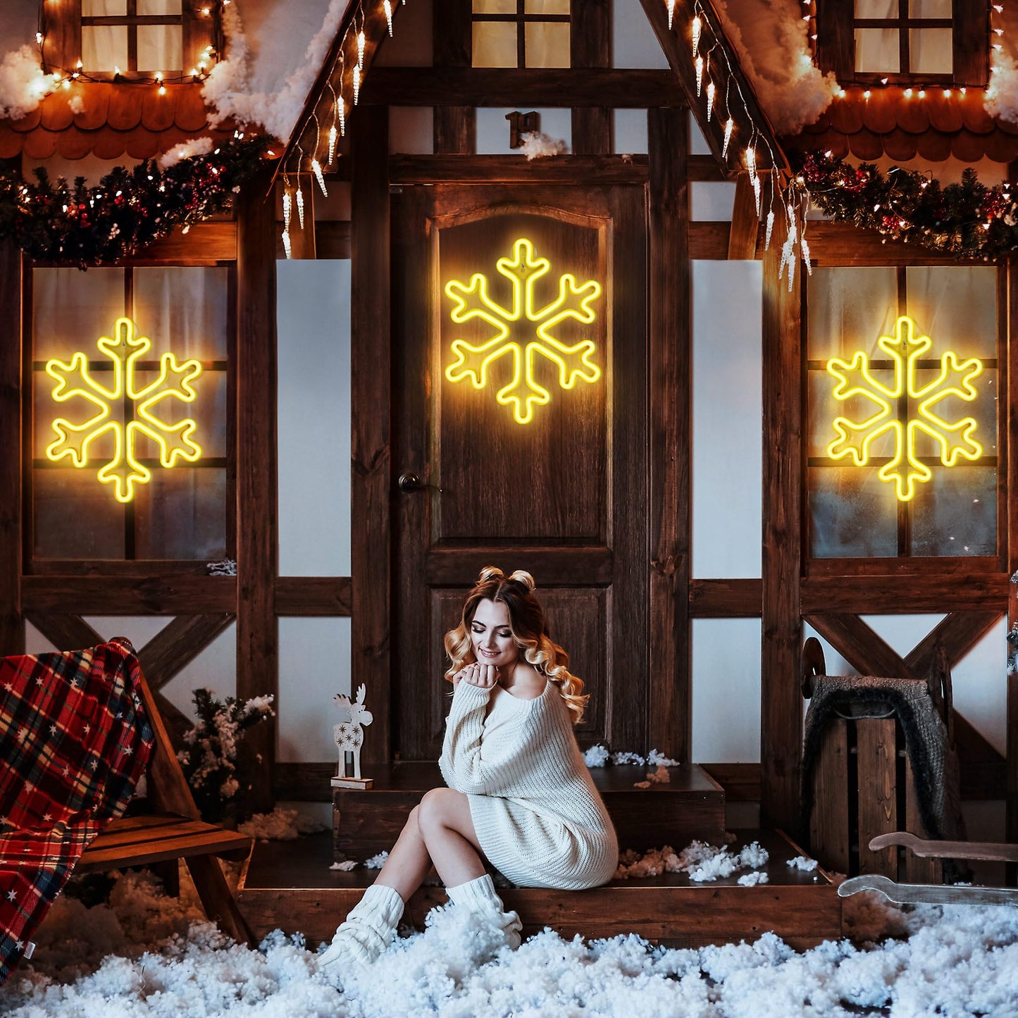 Enhon Christmas Neon Snowflake Light, 12 Inch Giant Snowflake Lights, Battery and USB Powered Christmas Curtain Neon Sign with Timer for Xmas Party Decoration(Warm White,2 Pack)
