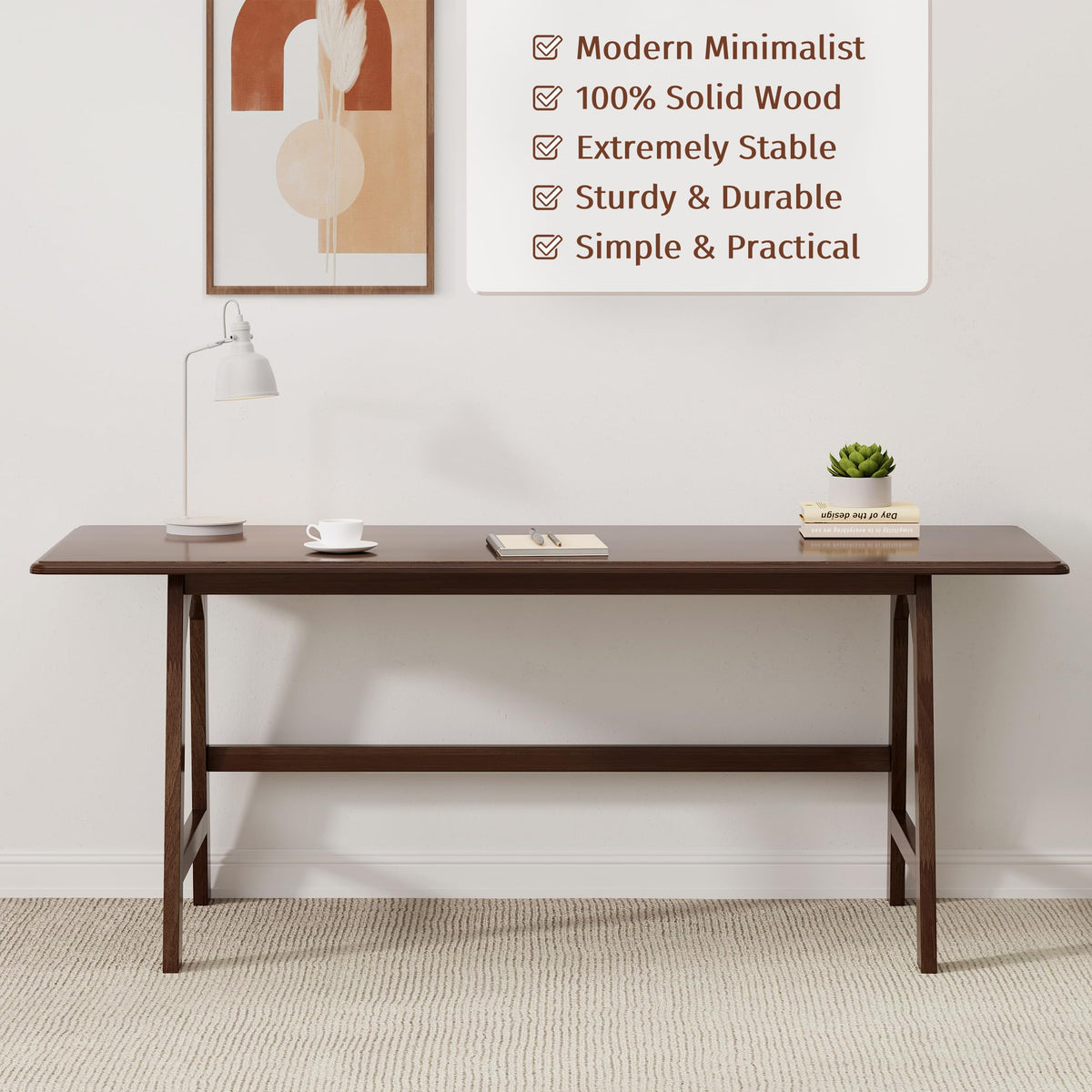 IOTXY Solid Wood Writing Table - 72" W x 24" D Minimalist Long Computer Desk for Home Office, Work, Study, Creativity, and PC Workstation, Walnut