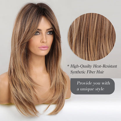 HAIRCUBE Long Wigs for Women, Ombre Brown to Blonde Synthetic Layered Hair Wig with Dark Roots