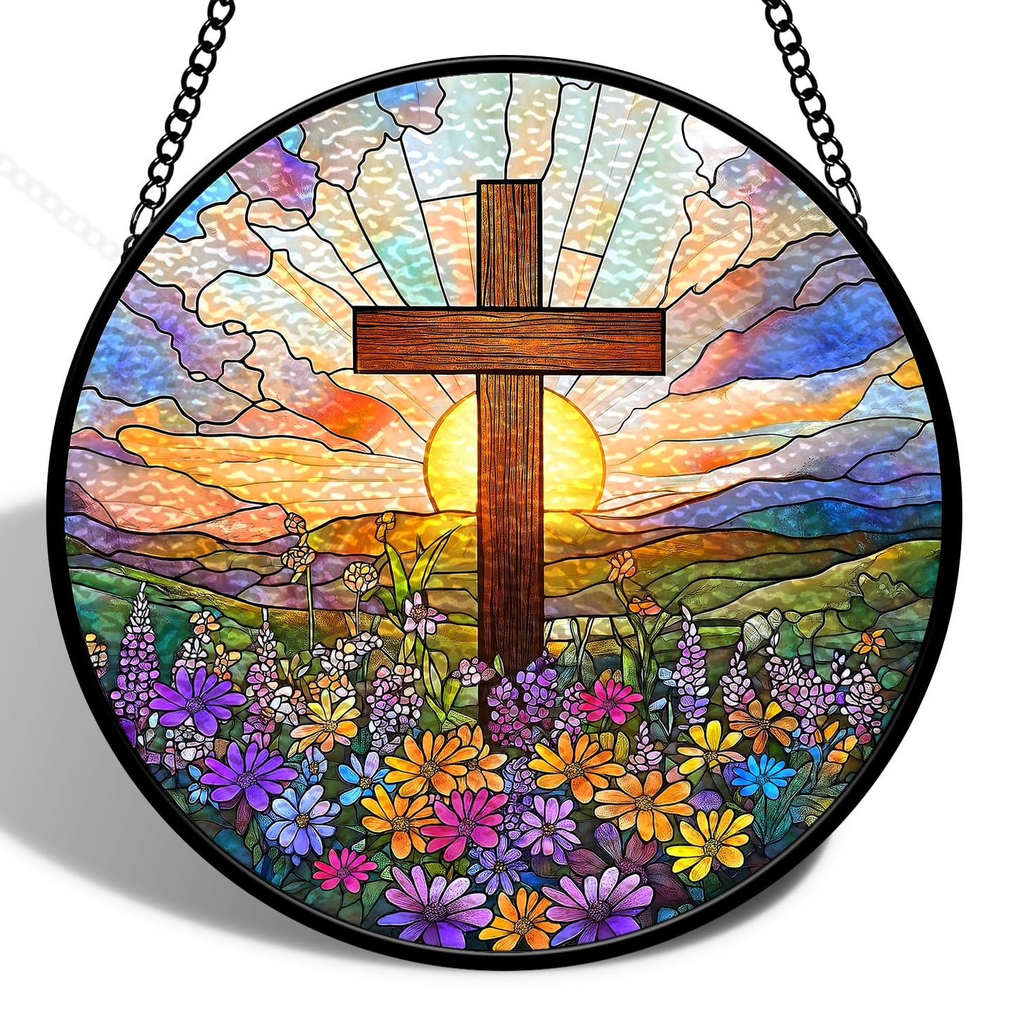 Stained Glass Window Hanging Decor,Cross Wildflowers Sun Catcher,Cross Suncatcher for Window, Stained Glass Hanging Ornament for Christian Easter,Religious Gift for Women Men 8 inch(Cross01)
