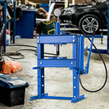 GarveeTech 10 T Hydraulic Press, Heavy Duty H Frame Garage Hydraulic Shop Press with 2 Press Plates, Adjustable Work Table Height Blue