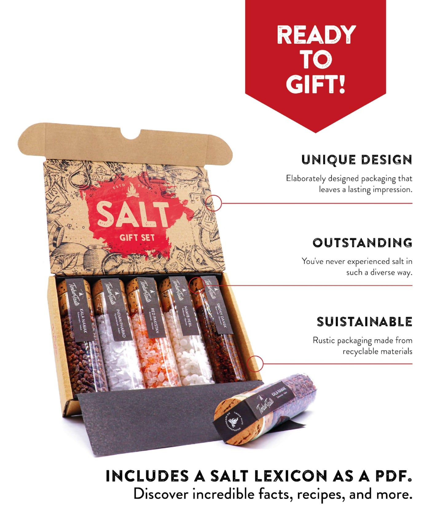 TIMBER TASTE® Premium Salt Sampler Set - 5 Gourmet Finishing Salts Smoky Gold Kala Namak Indian Pharao Pyramidensalz Namib Pearl | Sea Salt Mens Gifts Foodie Cooking Kit - Birthday Gift for Him