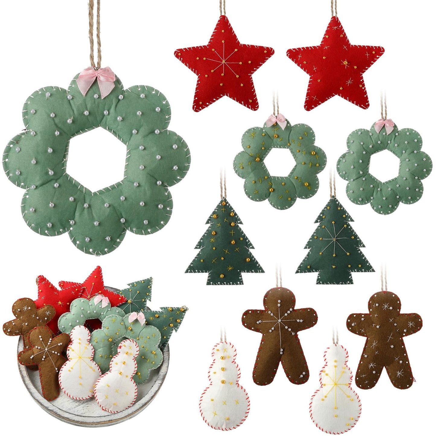 Suncalla 10 Pieces Embroidered Felt Christmas Ornaments Felt Cookies Ornament Christmas Tree Gingerbread Man Wreath Stars Snowman Hanging Decoration for Xmas Holiday Party Toy(Green and Red,Classic)