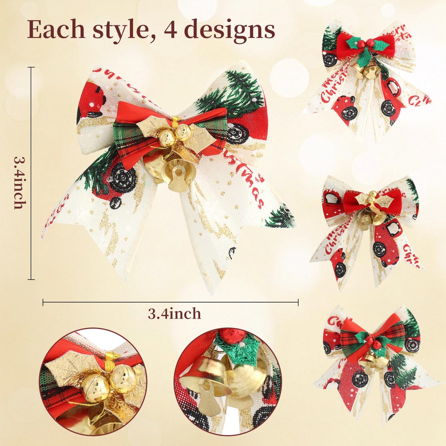 16PCS Mini Christmas Bows with Bells, 3.1"× 3.1" Gift Bows, 16 Styles, Ready-to-Hang Holiday Ornaments for Christmas Tree, Wreaths, Garlands, Doorway, Gift Wrap & DIY Decorations