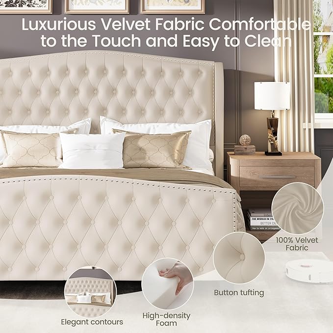 LARMACE King Size Bed Frame Velvet Upholstered Platform Bed