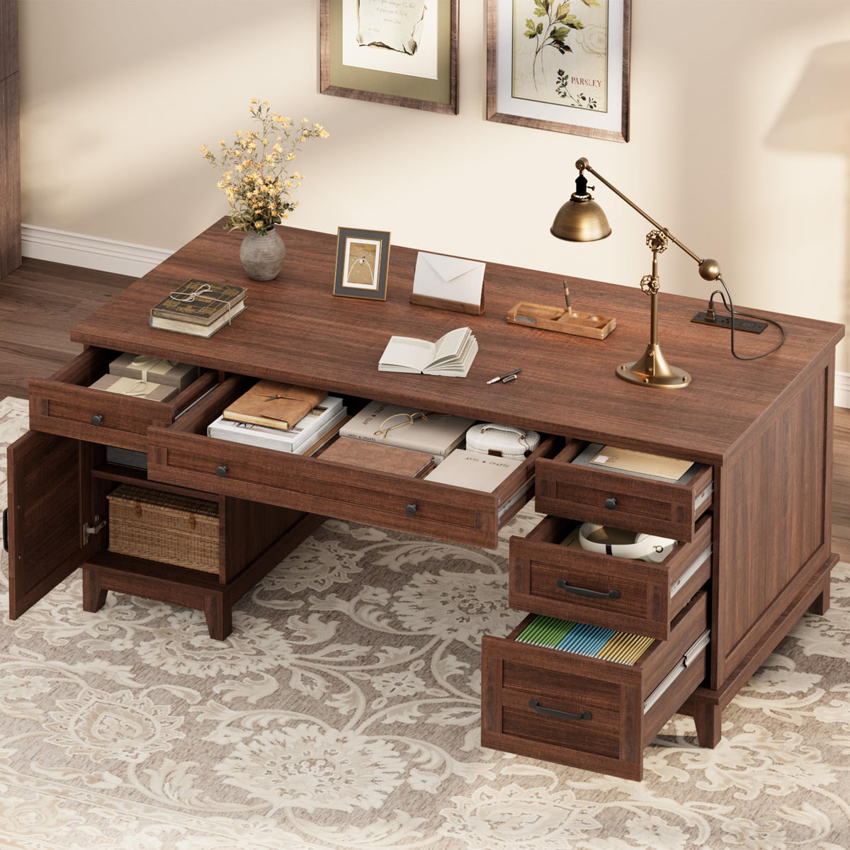 Garvee 60" Wooden Home Office Desk with File Drawers, Executive Desk with Adjustable Cabinet, Farmhouse Wood Desk with Power Outlet, Distressed Study and Work Table, Rustic Brown