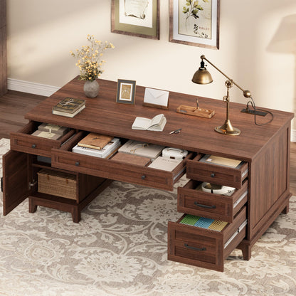 Garvee 60" Wooden Home Office Desk with File Drawers, Executive Desk with Adjustable Cabinet, Farmhouse Wood Desk with Power Outlet, Distressed Study and Work Table, Rustic Brown