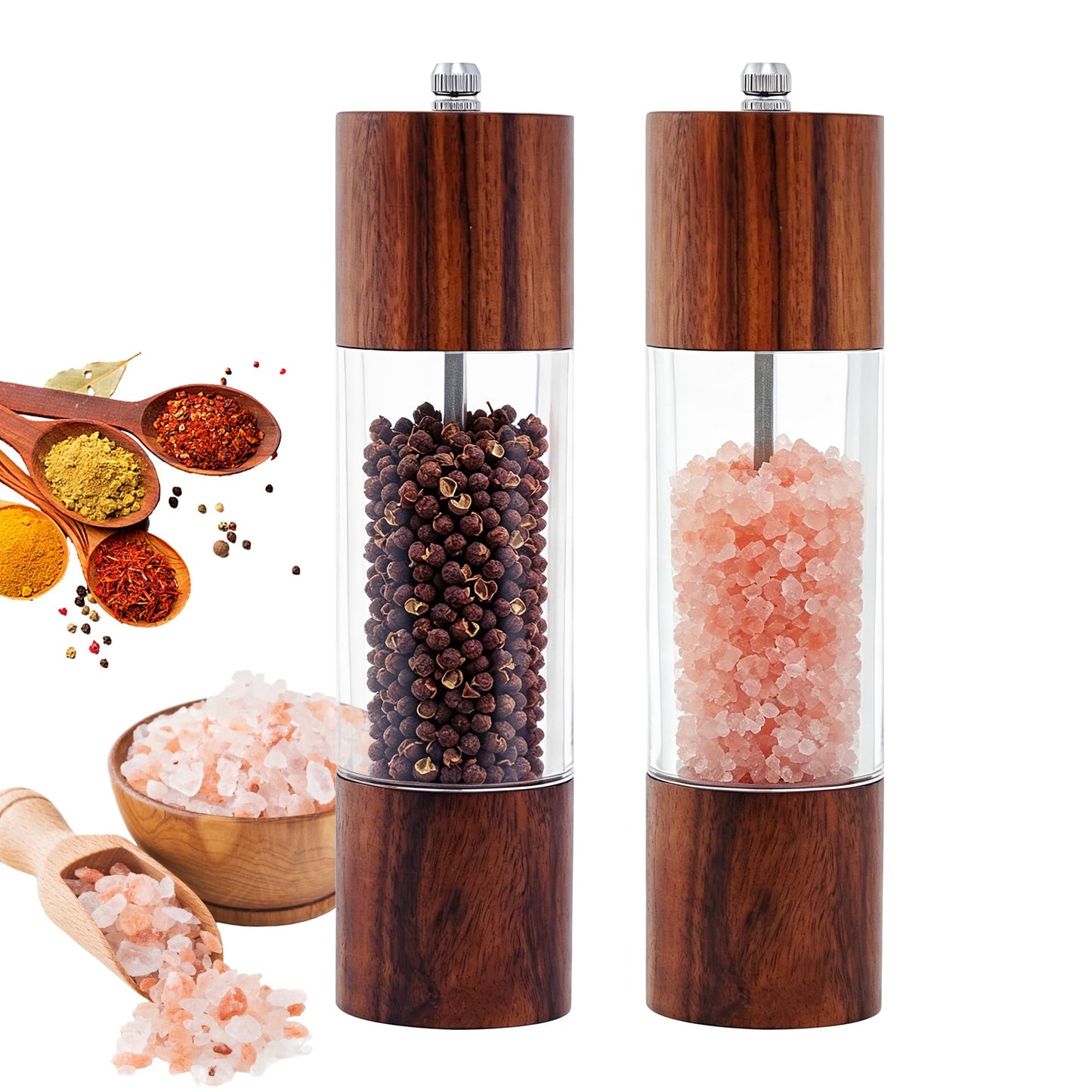Acacia Wood Premium Acrylic Salt and Pepper Grinder Set, 2 Pack 8 Inches Refillable Salt and Pepper Mill Set, Manual Mills- Crafted of Solid Wooden Shakers with Adjustable Ceramic Core