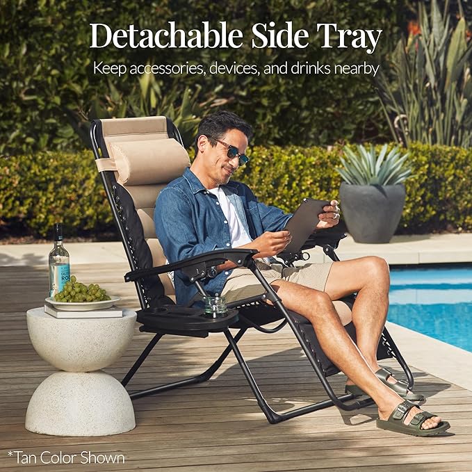Best Choice Products Oversized Padded Zero Gravity Chair, Folding Outdoor Patio Recliner, XL Anti Gravity Lounger for Backyard w/Headrest, Cup Holder, Side Tray, Polyester Mesh - Espresso/Green