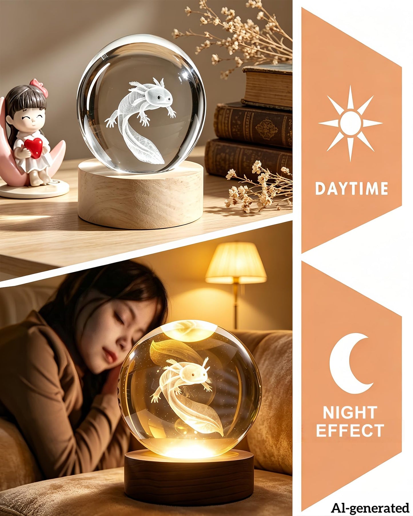 DTZDTA 3D Axolotl Night Light 3.15" Solid K9 Crystal Ball Lamp