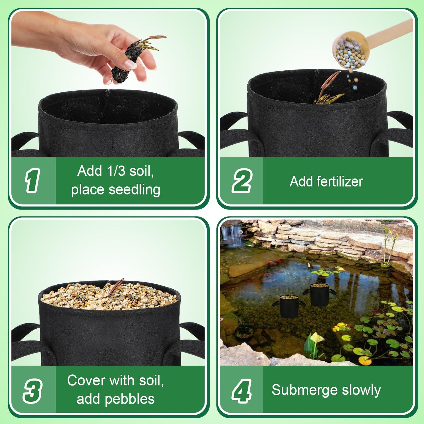 Aulock 8-Pack Lily Grow Bags for Pond - Durable Nonwoven Fabric Plant Pots with Handles, Aquatic Pond Planter for Aquatic Plants Water Lily, Black, (8''x 8''- 1.8 Gallons)