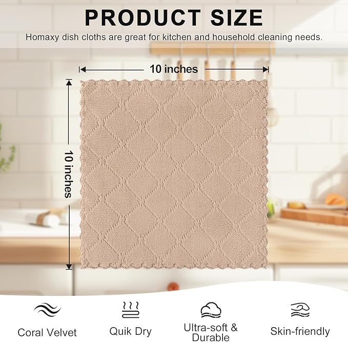 Homaxy 12 Pack Kitchen Dish Cloths, Super Soft and Absorbent Coral Velvet Dish