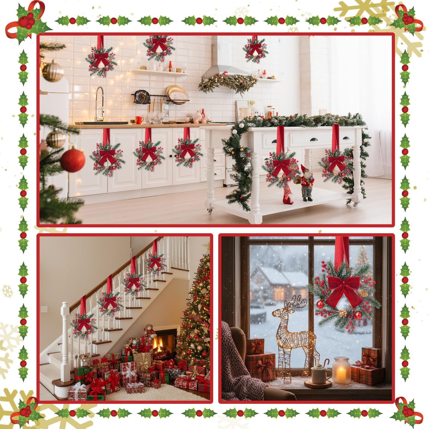 Maysing 6 Pcs 9.8" Small Christmas Wreath with Ribbon Mini Kitchen Cabinet Wreath Christmas Berry Pine Bow Decorations for Xmas Chair Back, Front Door, Window, Wall Farmhouse Decor(Red,Classic)
