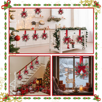 Maysing 6 Pcs 9.8" Small Christmas Wreath with Ribbon Mini Kitchen Cabinet Wreath Christmas Berry Pine Bow Decorations for Xmas Chair Back, Front Door, Window, Wall Farmhouse Decor(Red,Classic)