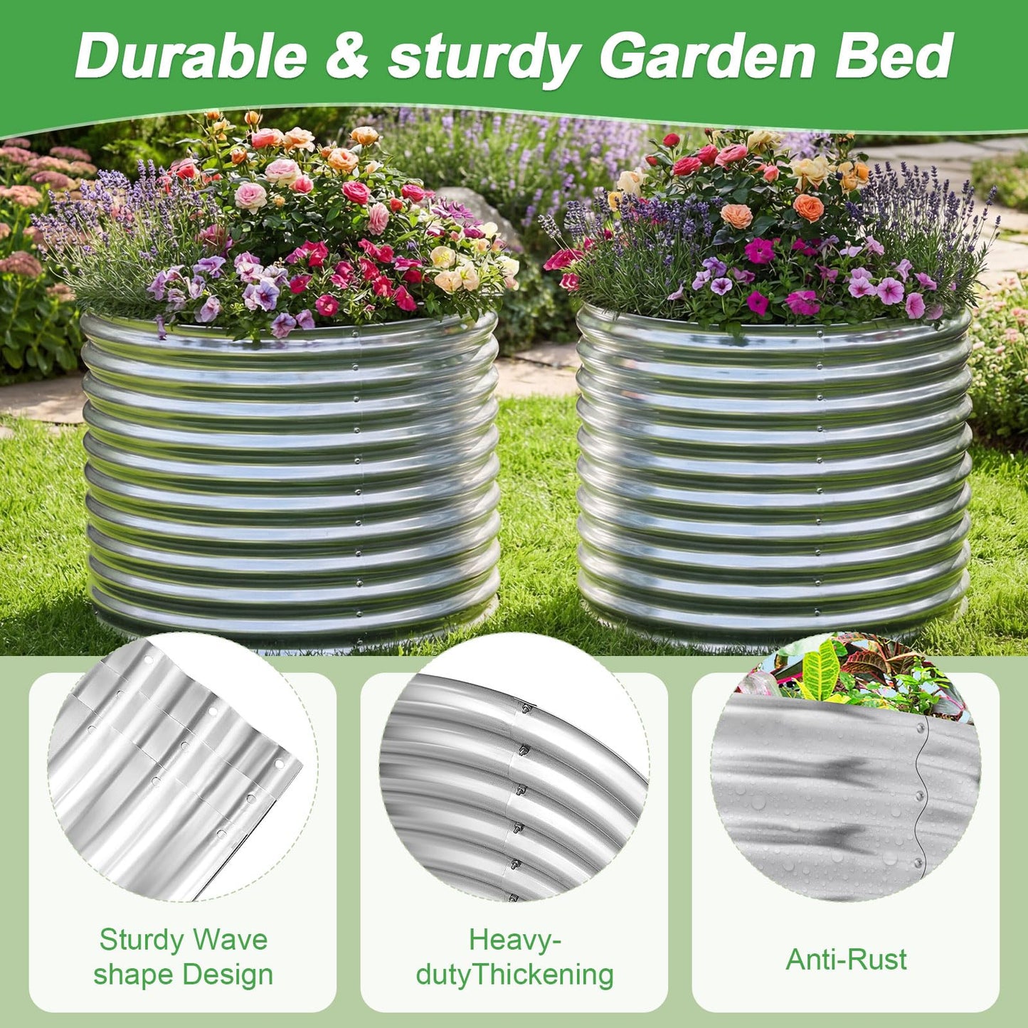 AHEONLAR 2 Pack 3x3x3ft Round Galvanized Raised Garden Bed Outdoor Metal Planter Bed Box for Vegetables Gardening