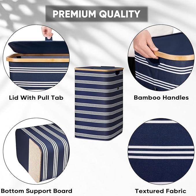 BALEINE Laundry Hamper with Lid, Tall Laundry Baskets with Bamboo Pull Handles