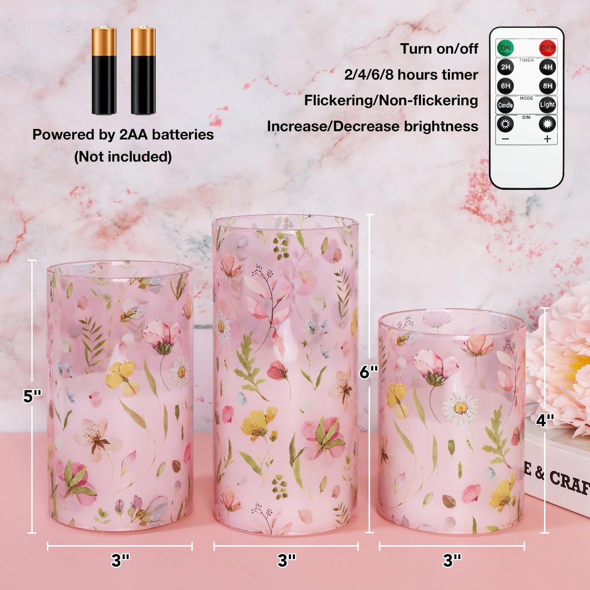 Silverstro Pink Flameless Candles with Remote Timer, Glass Battery Operated Candles, Pink Flower Decals LED Candles for Home Party Wedding Mother's Day Thanksgiving Decor Set of 3
