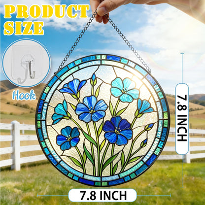 Stained Glass Window Hanging, 7.8 Inch Blue Flower Suncatcher, Blue Botanical Window Decor, Stained Glass Ornaments for Windows, Doors & Home Decor, Mother's Day Birthday Gift for Mom, Garden Lovers
