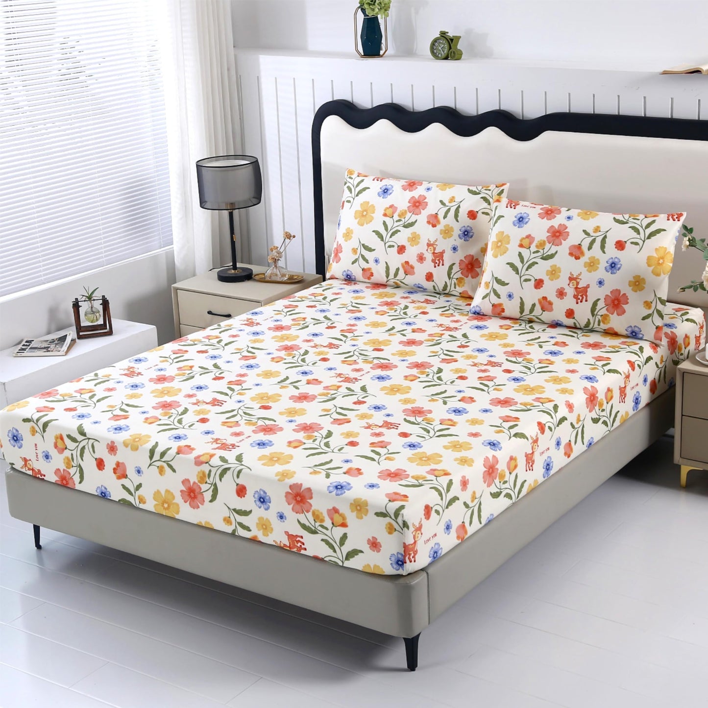 SDIII Reindeer and Floral Twin Fitted Sheet with 2 Pillowcases, Deep Pocket Soft Microfiber Fawn and Floral Sheet Twin Size All Season