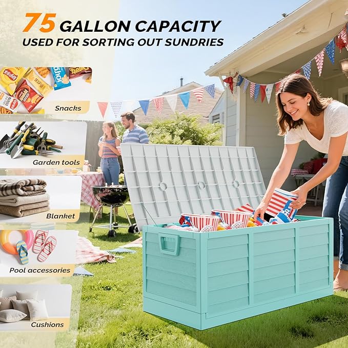 VINGLI 75 Gallon Collapsible Outdoor Storage Box, Simple-to-assemble Plastic Storage Containers with Lid, Patio Deck Box Furniture for Garden, Pool, Balcony, Yard (Green)