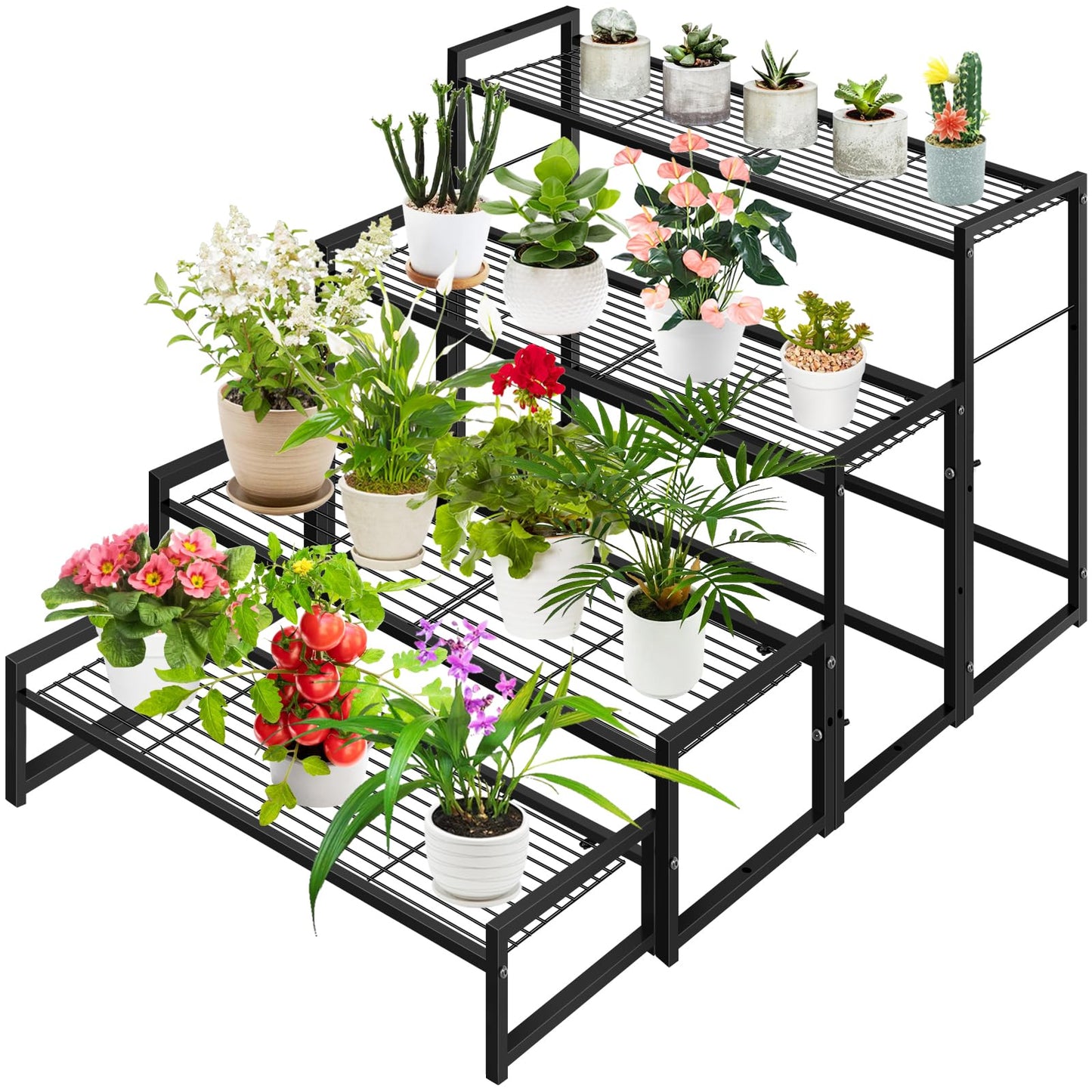 Meyoppm 4 Tier Metal Plant Stand Indoor Outdoor, Ladder Flower Pot Holder Plant Stands, Stackable Heavy Duty Tall Plant Shelf Flower Pot Holder for Garden, Display Rack