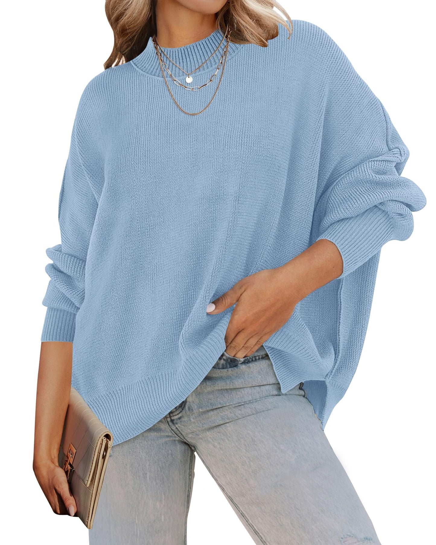 ZESICA Women's Fall 2025 Casual Long Sleeve Crew Neck Side Slit Oversized Ribbed Knit Pullover Sweater Tops