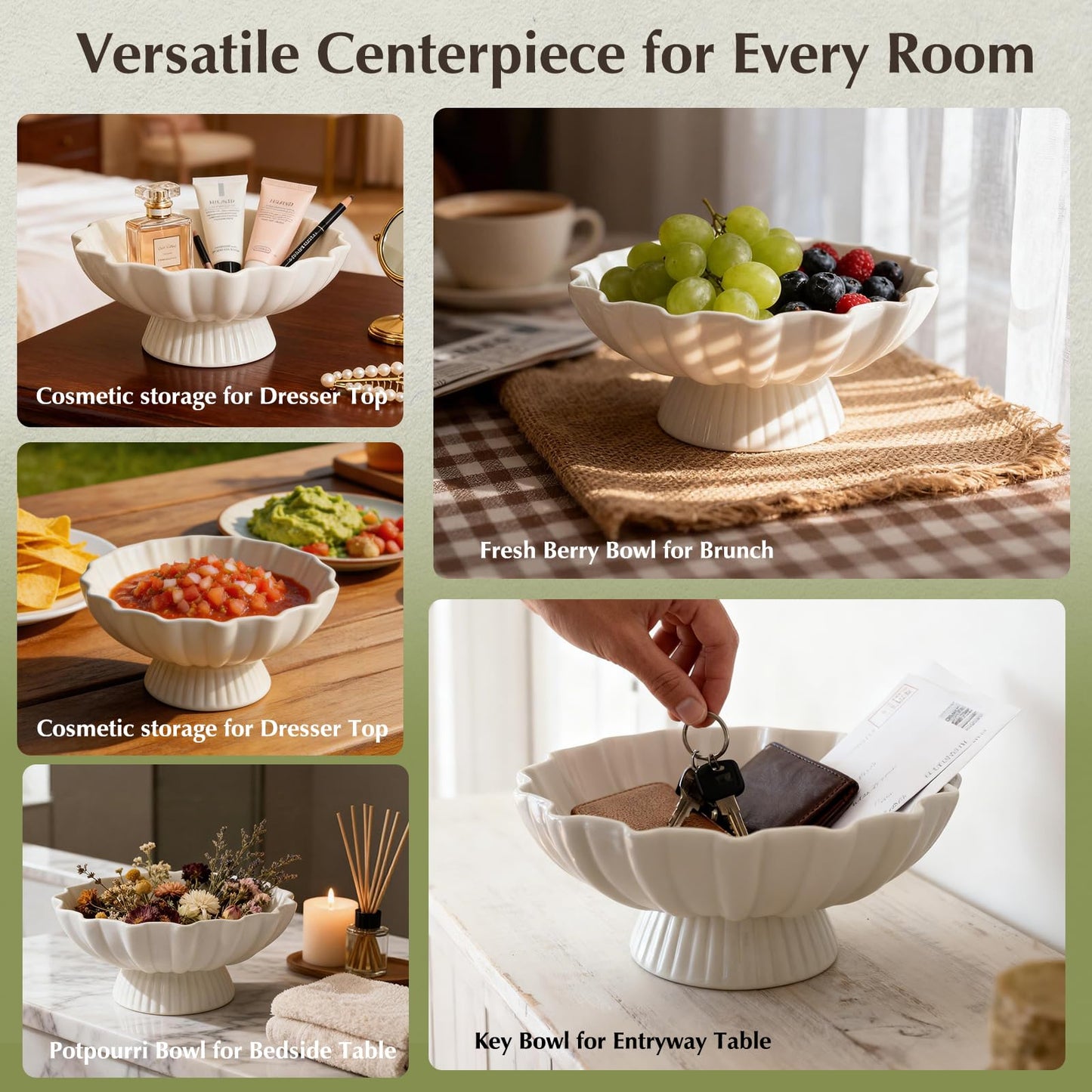 White Pedestal Fruit Bowl for Kitchen Counter, 9-Inch Ceramic Centerpiece Bowl with Fluted Texture, Modern Farmhouse Coffee Table Decor for Dining Table,Entryway Key Bowl, HouseWarming Gift