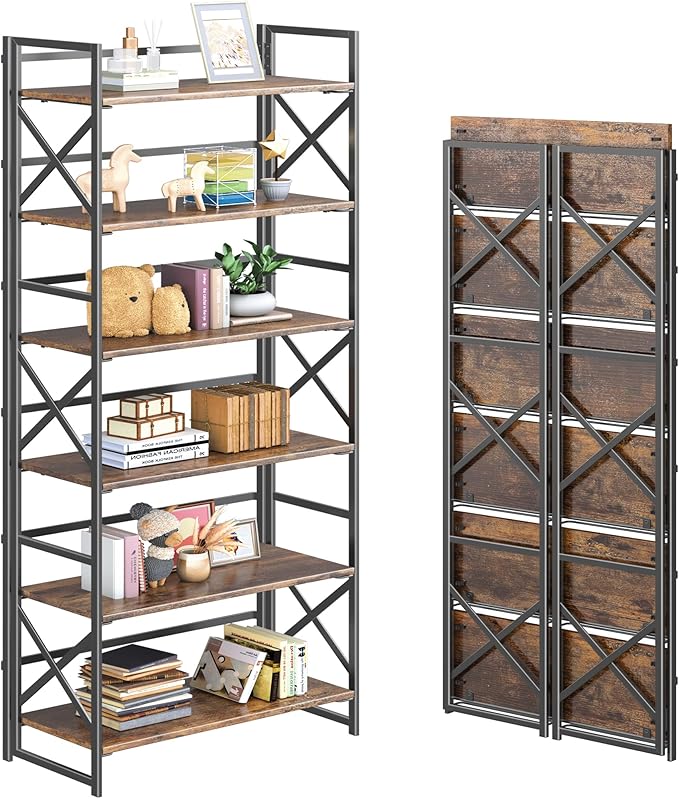 4NM 6 Tiers No Assembly Book Shelves, 61.8" H Folding Bookshelf Bookcase Open
