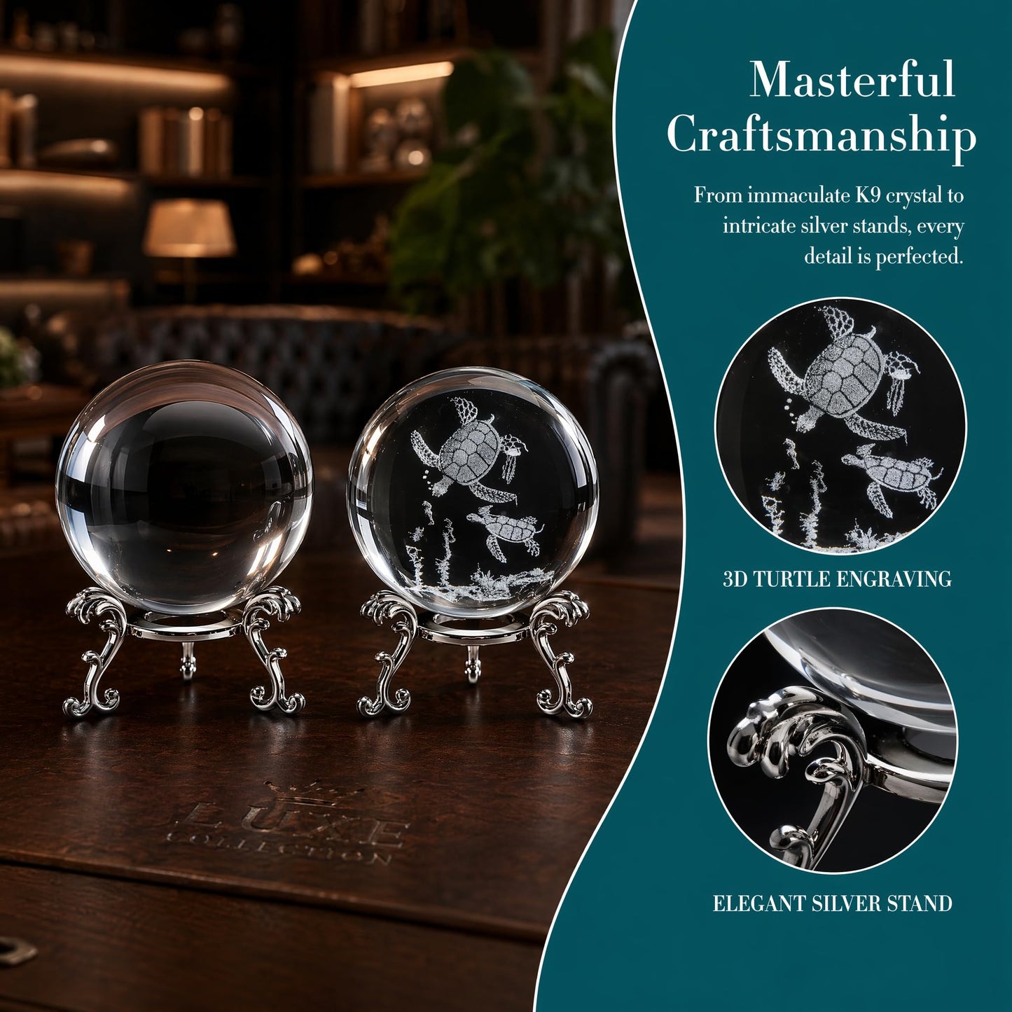 vskikris 2 Crystal Balls with Silver Stands - 3D Laser Engraved Sea Turtle & Clear Crystal Sphere Set, Decorative Paperweights, Home & Party Decor, Photography Props, Gifts for Women & Nature Lovers