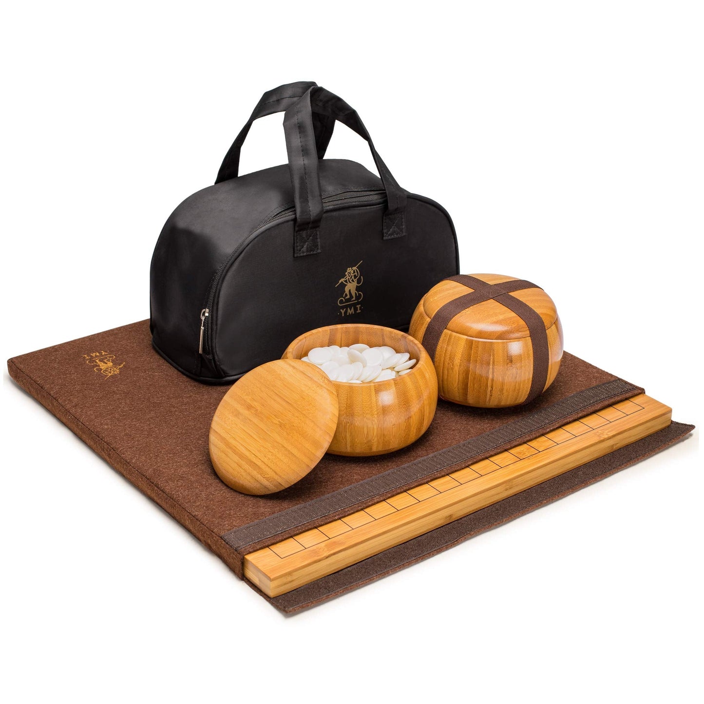 Yellow Mountain Imports Bamboo 0.8-Inch Reversible 19x19 / 13x13 Go Game Set Board with Single Convex Melamine Stones and Bamboo Wood Bowls Set - Classic Strategy Board Game (Baduk/Weiqi)