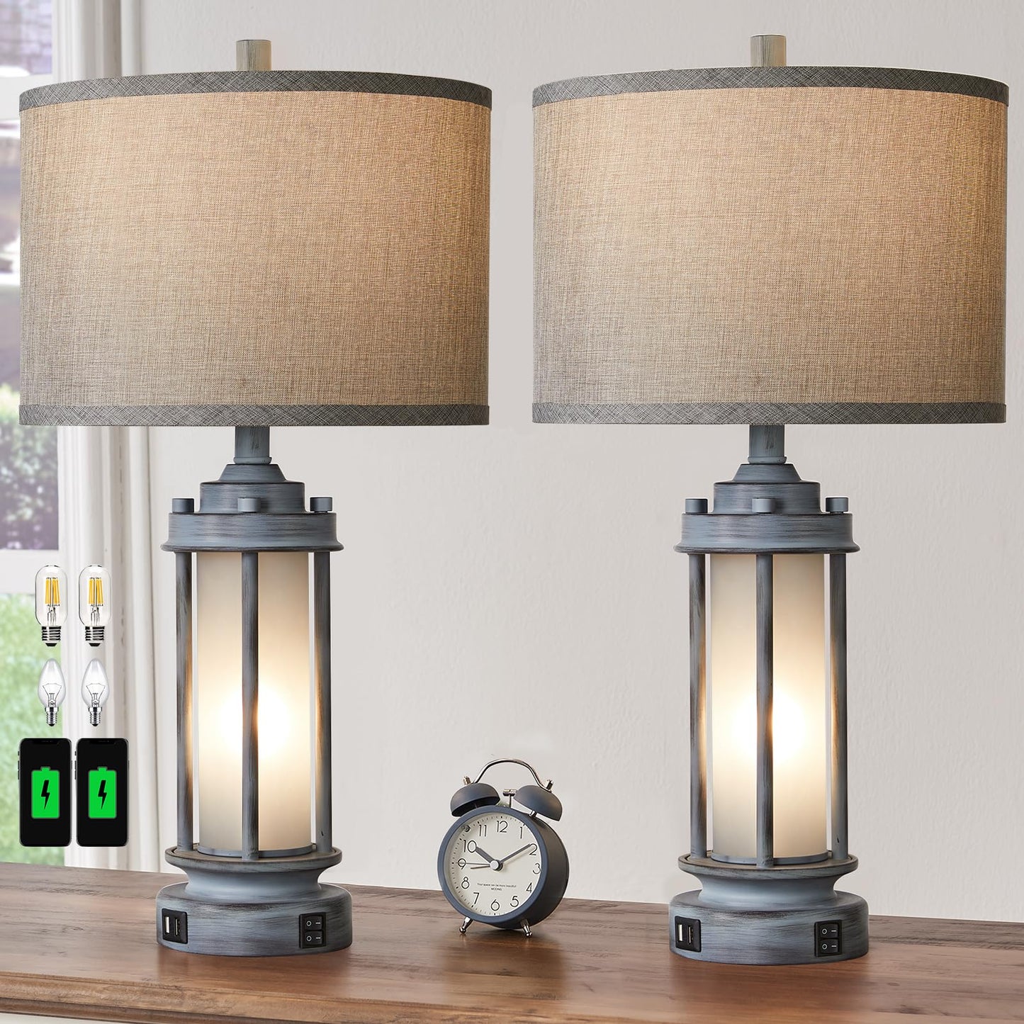 AIEAMPDO Set of 2 Rustic Table Lamps for Living Room with 2 USB C+A Ports