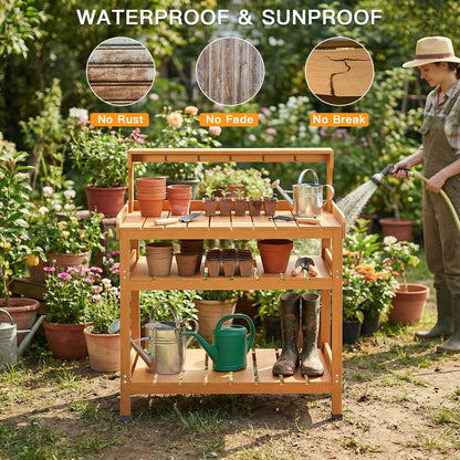 Frogprin Potting Bench Table, Extra-Large Outdoor Garden Potting Bench (HDPS) with 9 Hooks, All-Weather Garden Table Work Station, No Rust, No Fade, No Break (Teak, 35.6''X16.5''X45.5'')