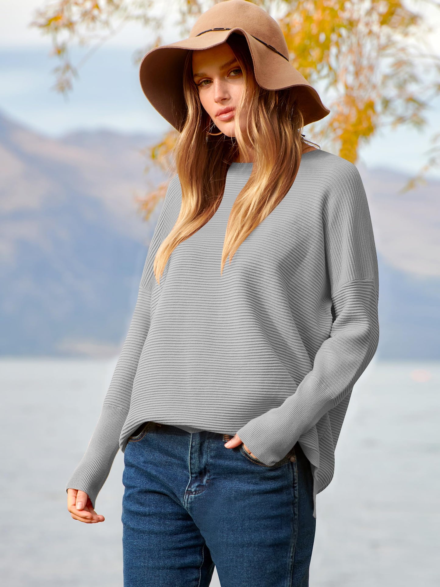 ANRABESS Womens Oversized Batwing Long Sleeve Ribbed Knit Sweaters 2025 Fall Outfits