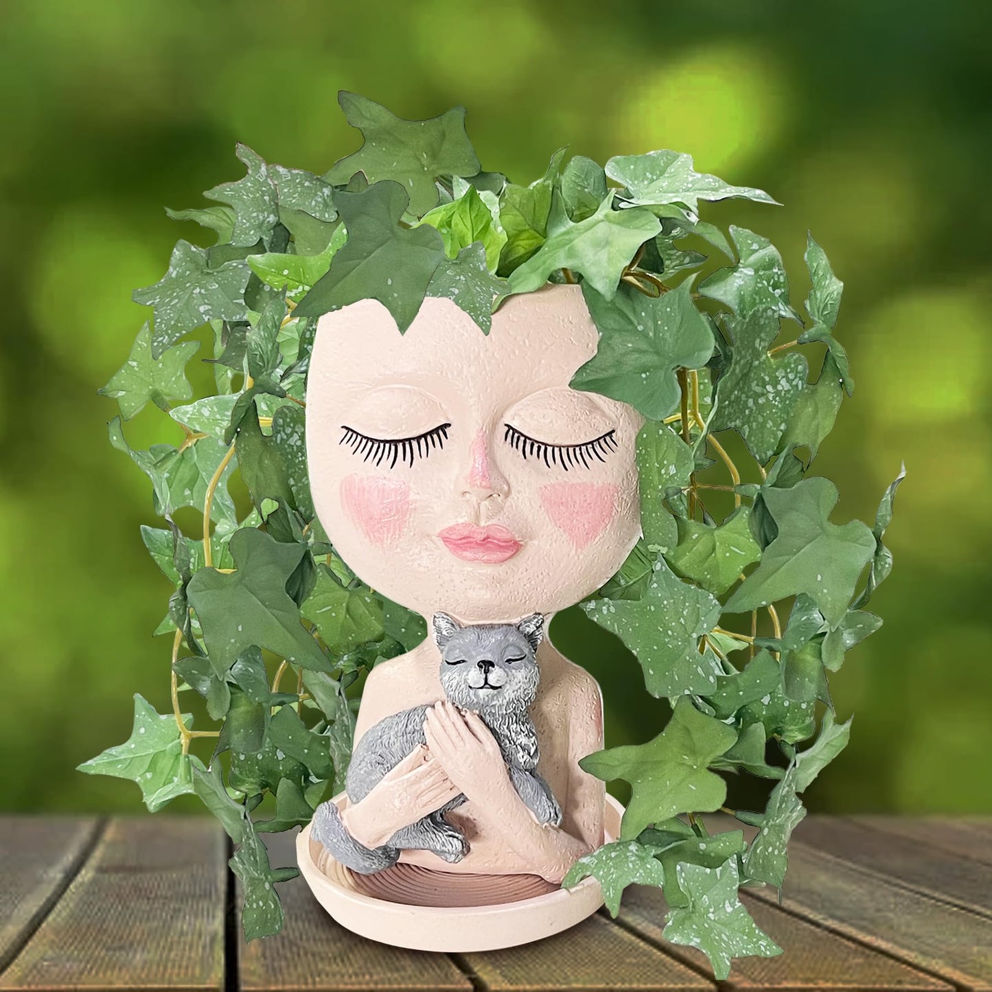 ASDFG Face Plant Pots Head Planters - Face Flower Pot Head Planter with Cat, Succulent Pots with Drainage Hole, Resin Lady Planter for Indoor Outdoor, Home Decor, Mother's Day/Women Gifts