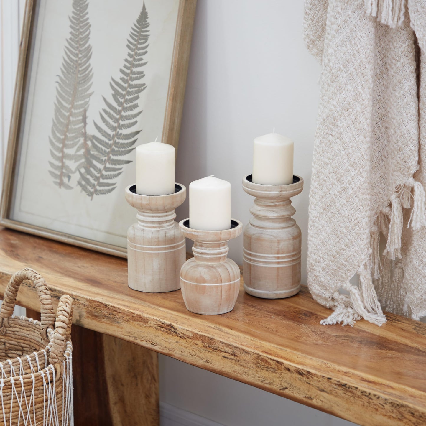 Deco 79 Wood Pillar Candle Holder with White Wash Finish, Set of 3 9", 8", 6"H, Brown