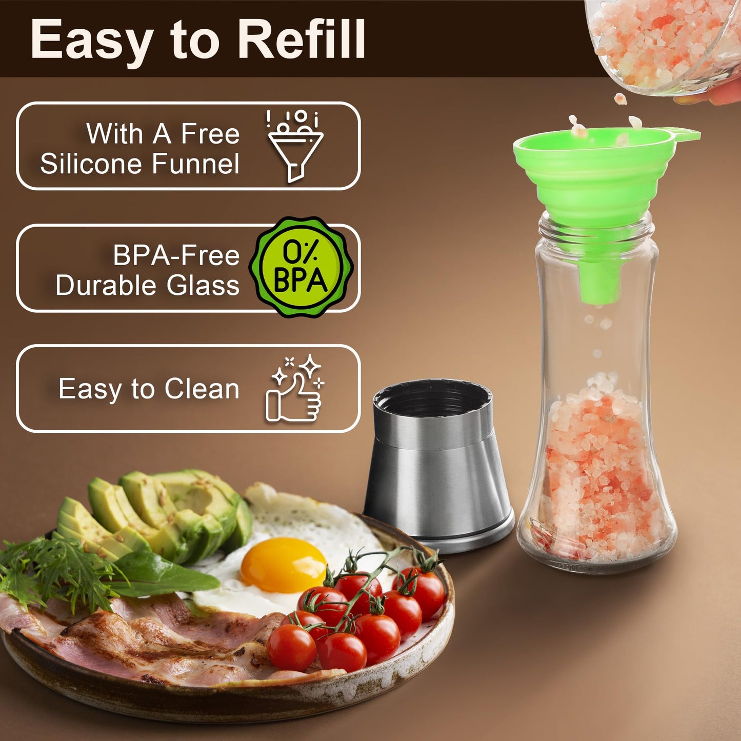 M JINGMEI Premium Stainless Steel Sea Salt and Pepper Grinder Set of 2 - Adjustable Ceramic - Tall Glass Salt and Pepper Shakers - Pepper Mill & Salt Mill W/Funnel (2.6"W x 7.5"H)