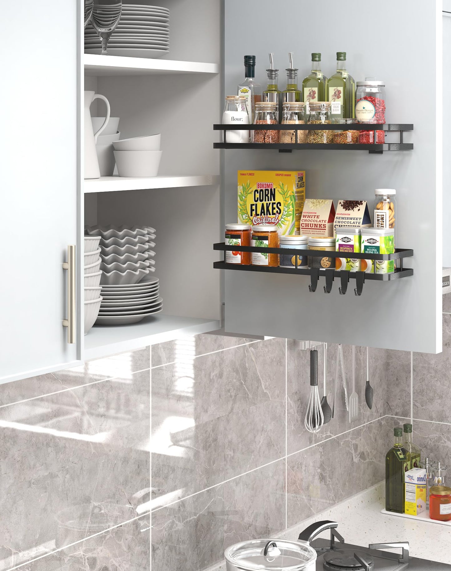 Spice Rack Organizer Wall Mount - 15.7in 2Pack [Upgraded Version] Hanging Seasoning Organizer Shelf with Paper Towel Holder, Storage for Cabinet or Wall Mounted with 4 Strong Hooks (Simple black)