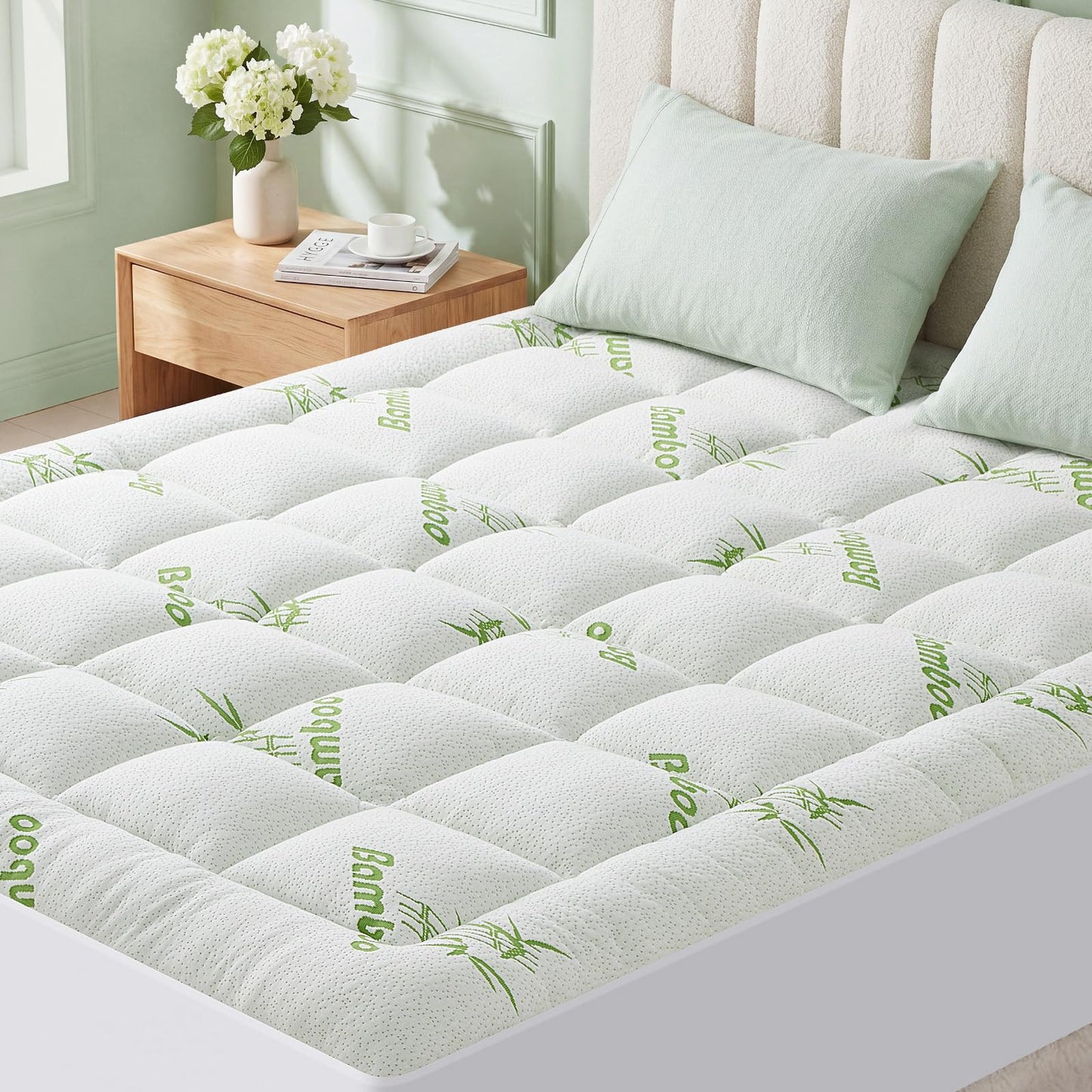 Twin XL Size Bamboo - Viscose Mattress Topper, Extra Thick Quilted Pillow Top, Naturally Cooling & Breathable for Hot Sleepers, Back Pain Relief, Deep Pocket Skirt Fits 6-18", Green