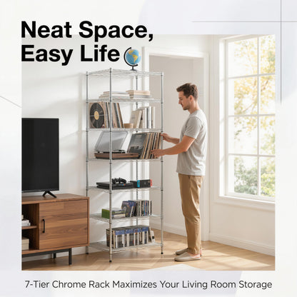 Finnhomy Heavy Duty 7 Tier Wire Shelving, 24x24x72 inches 7 Shelves Storage Rack with Thicken Steel Tube, Pantry Shelves for Storage, Adjustable Metal Shelf Unit, NSF Certified, Chrome
