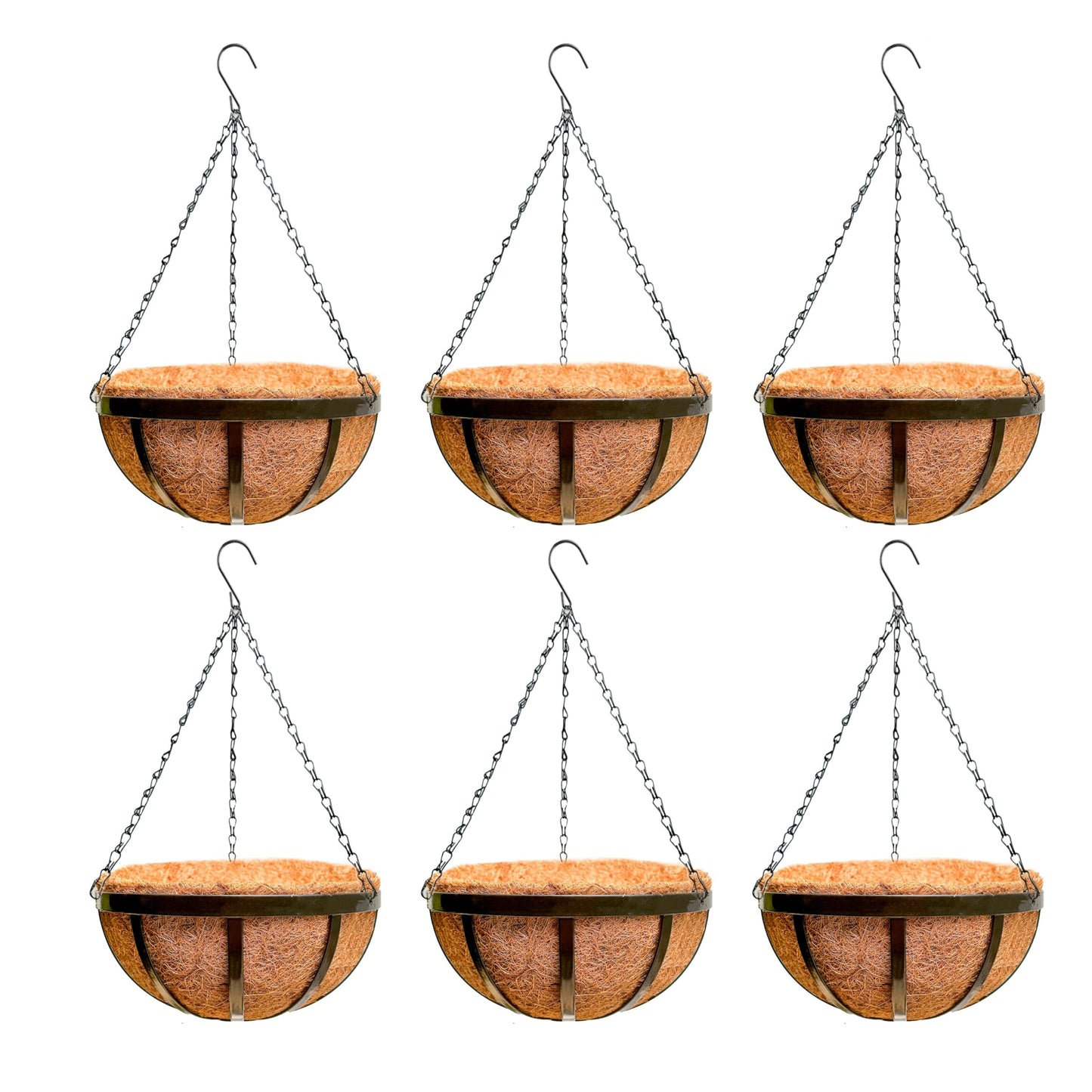 LaLaGreen Outdoor Hanging Baskets for Plants (14 Inch, 6 Pack) Large Black Hanging Planters with Coco Liner, Flat Iron Round Plant Metal Flower Pots for Deck Patio Porch Garden Balcony Outside Decor