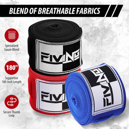 FIVING Boxing Hand Wraps Inner Gloves for Men Women, 180 Inch Elasticated Thumb Loop Bandages, Wrist Wrap Protection Muay Thai MMA Kickboxing Martial Arts Punching Bag Training (Black)